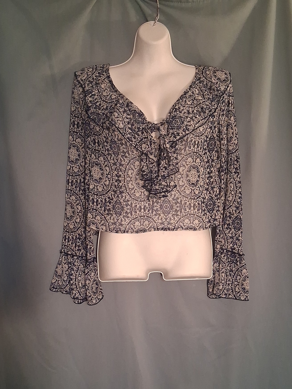 Women's Navy and White Paisley Ruffle Tie-Front Blouse